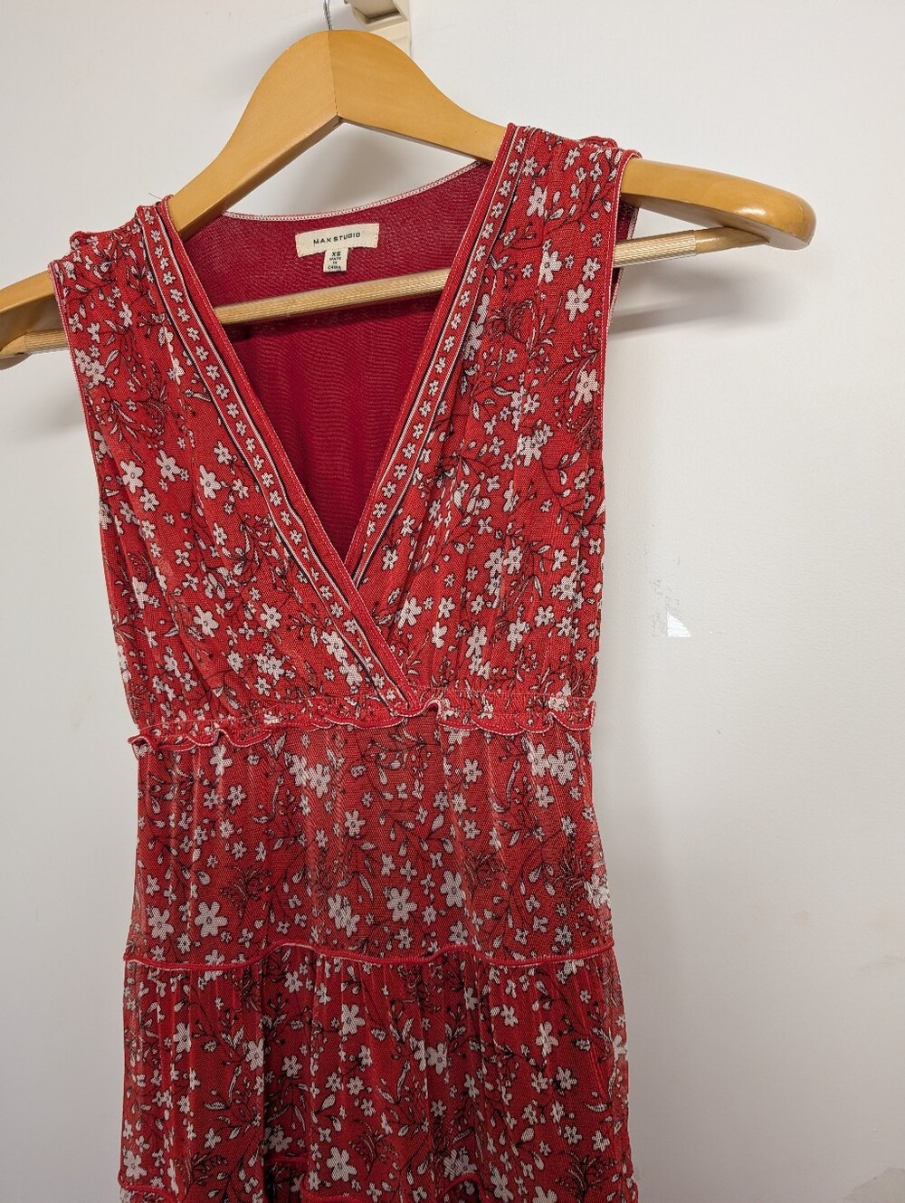 MAX STUDIO Red Floral Boho Tiered Maxi Dress Size XS - Picture 3 of 6